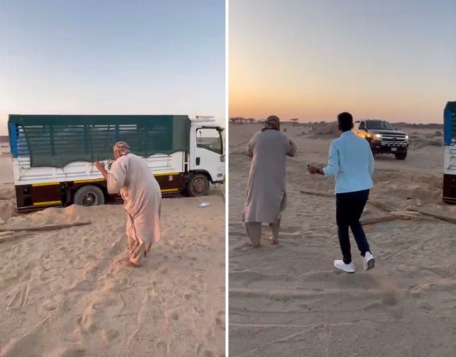"فرحة هستيرية" بوصول النجدة.. ردة فعل لمقيم عربي تاه في منطقة صحراوية بالسعودية وابتعلت الرمال سيارته