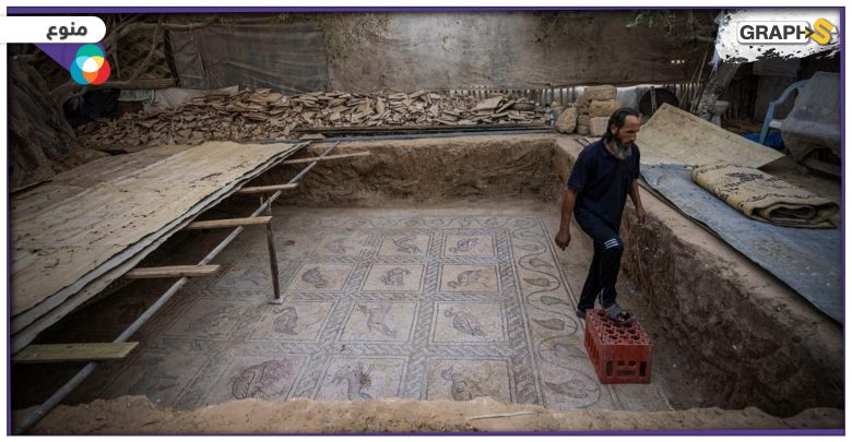 شاهد: مزارع فلسطيني يكتشف بالصدفة لوحة فسيفسائية ضخمة مزخرفة تعود للعهد البيزنطي