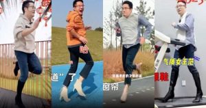 يصور الرجل الصيني نفسه وهو يمشي ويركض بالأحذية النسائية ذات الكعب العالي التي يبيعها