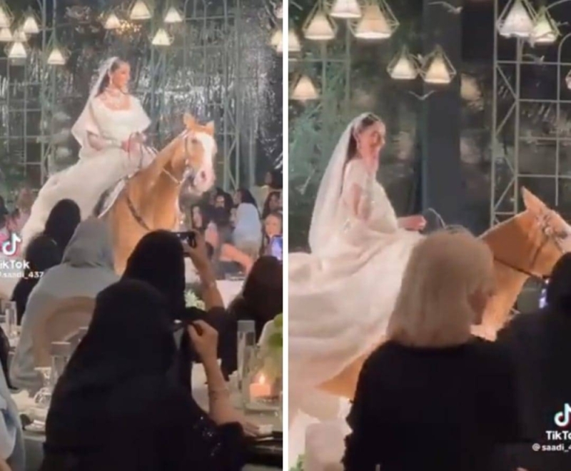 عروس تدخل على قاعة الزفاف على ظهر حصان -فيديو